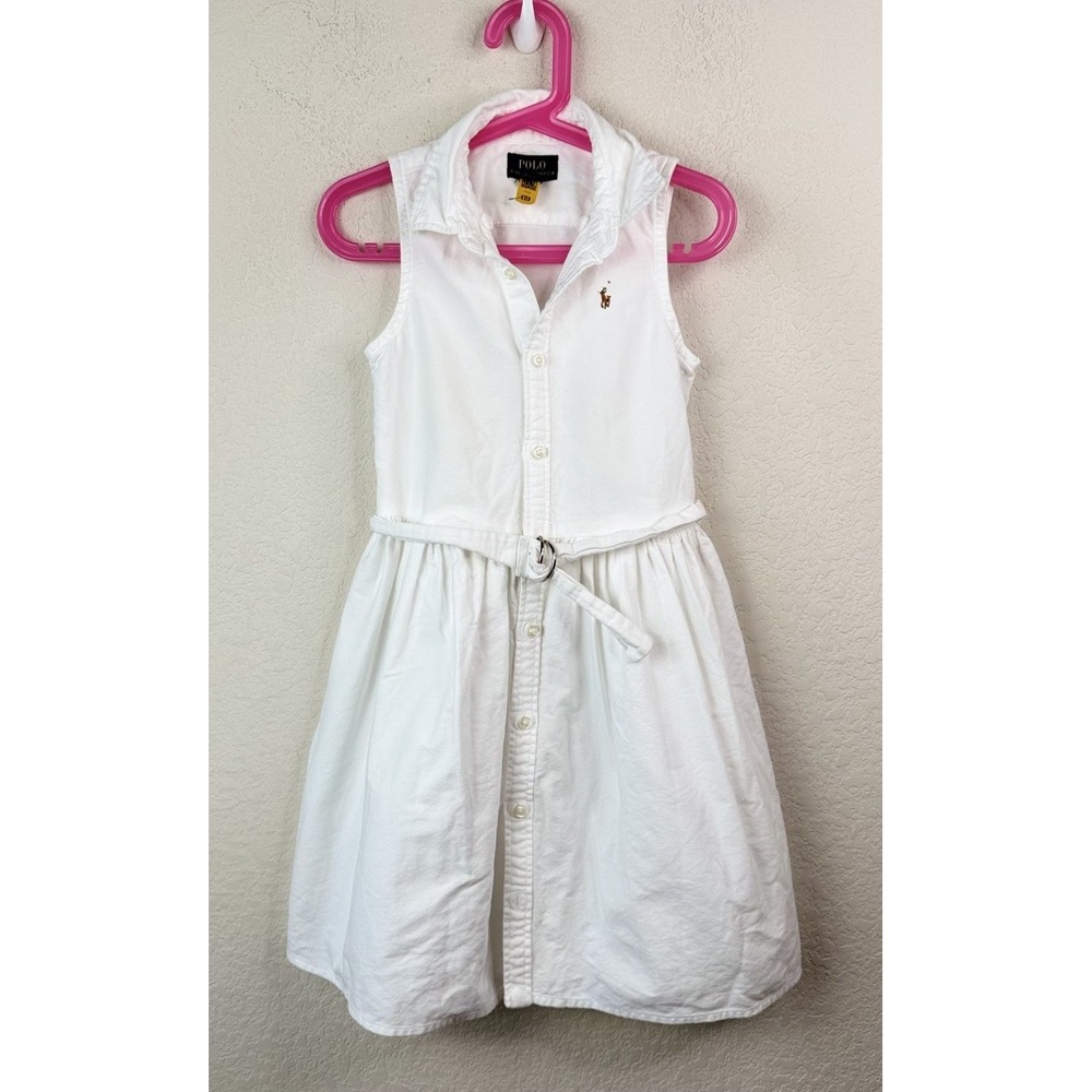 Polo Ralph Lauren Girls 6X White Oxford Shirt Dress Belted Preppy Pony Old Money